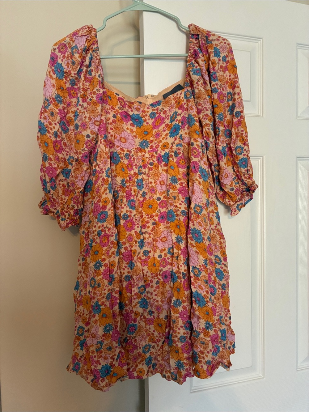 Floral Puff-Sleeve Mini Dress in Pink & Mustard